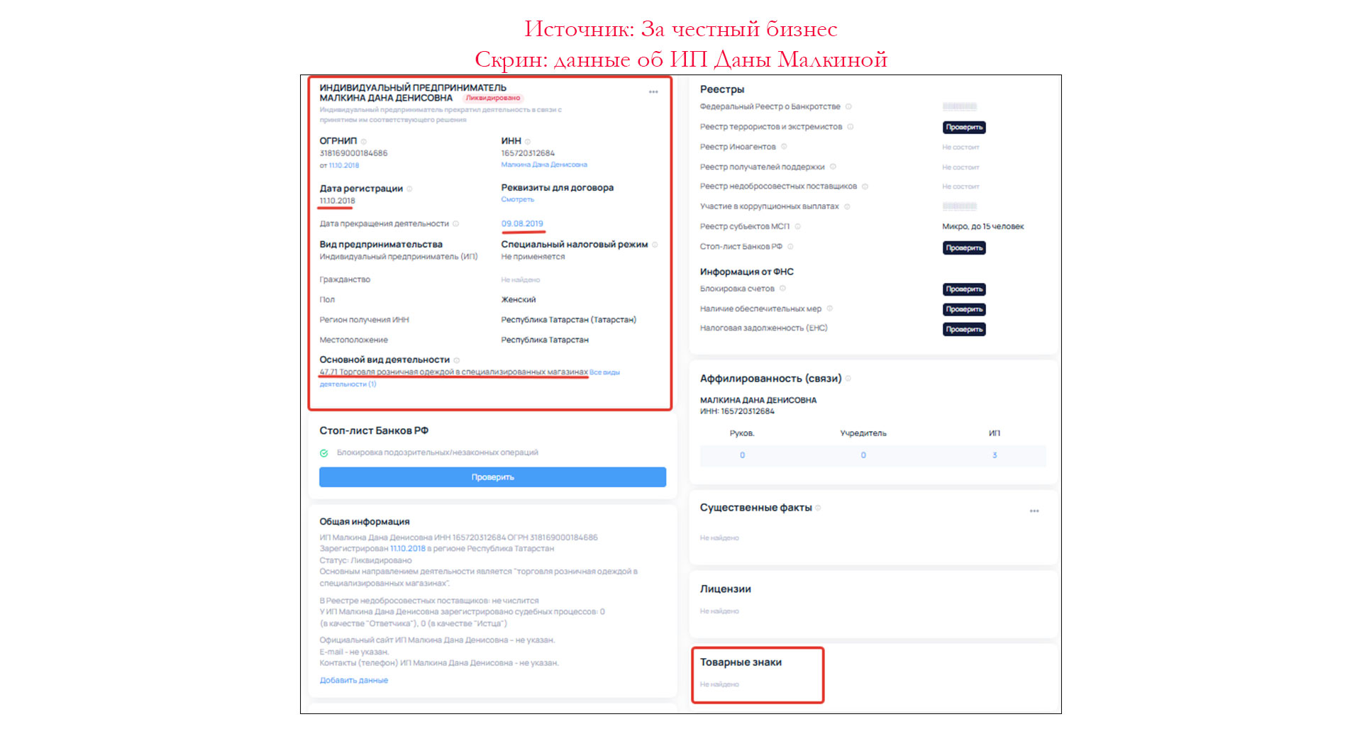 Скриншот: данные об ИП Даны Малкиной. Скрин: данные об ИП Даны Малкиной.