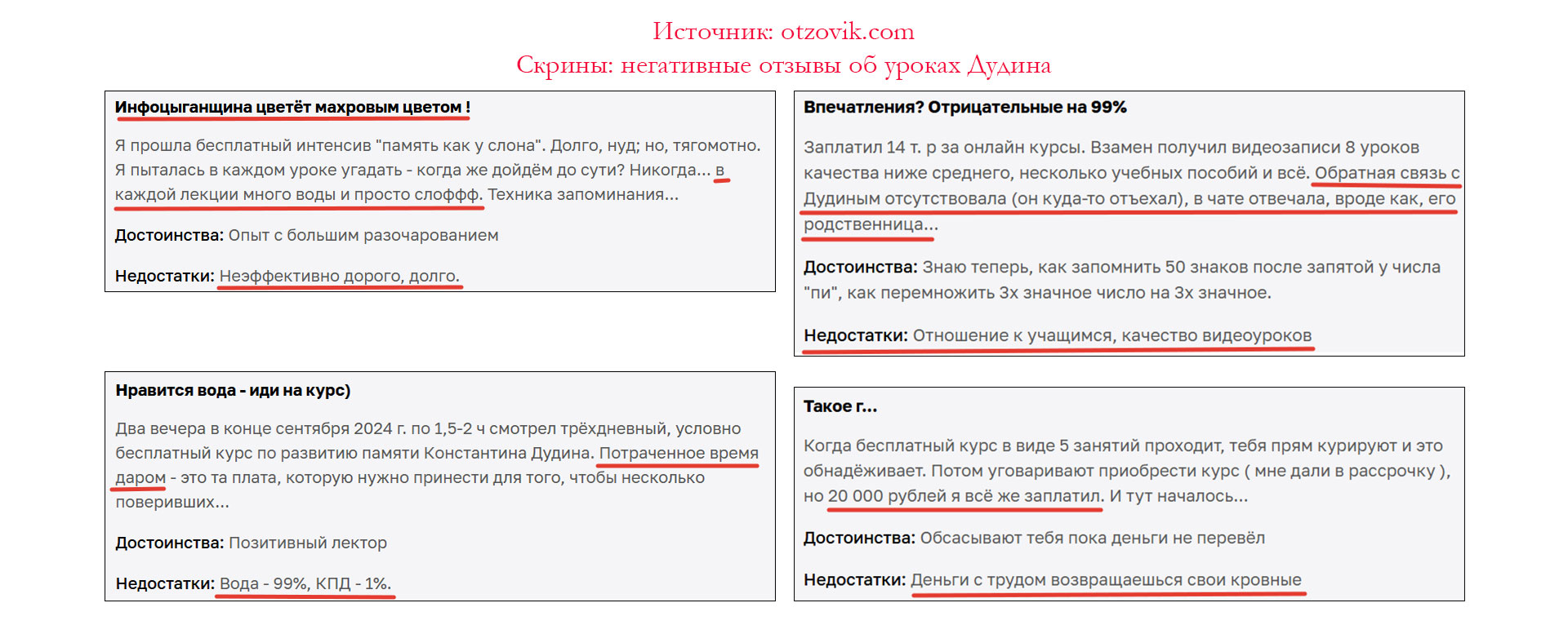 Скриншот отрицательных отзывов учеников о школе Дудина. Негативные отзывы о курсах Константина Дудина на Отзовике.
