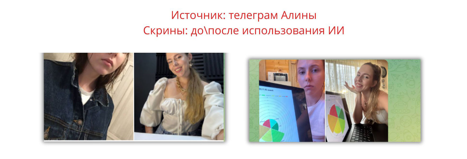 Фотки Алины с телеграмма до/после использования нейросетей. Скрины фоток с телеги до/после использования нейросетей.